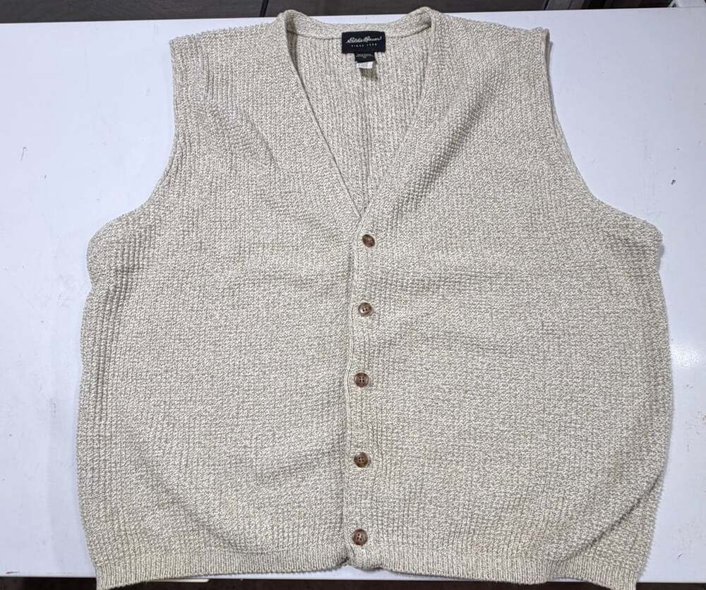 VTG Eddie Bauer Men's Oatmeal Waffle Cotton Button-Front Sweater Vest XL